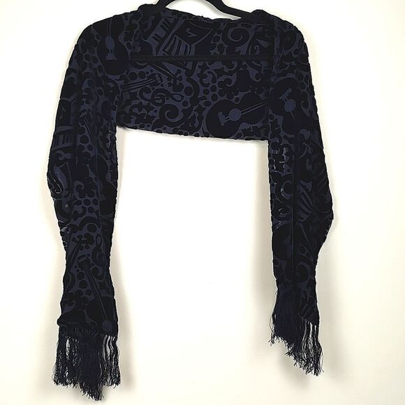 ZazouLuxe Silk Blend Navy Blue Sheer Velvet Flocked Music Inspired Fringed Scarf - Picture 6 of 8